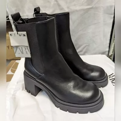 $89 • Buy Zara Heeled Lug Sole Chelsea Booties Black 7.5,8 Nwt