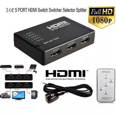 3Or5 Port HDMI Splitter Switch Selector Switcher Hub+Remote 1080p For HDTV :da • £4.85