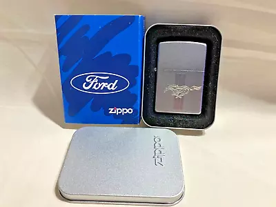 Unfired & Sealed Ford Mustang Zippo Lighter Brush Chrome Finish & Matching Tin • $59