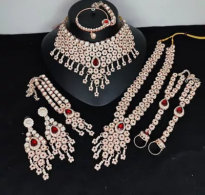 Bollywood Indian Gold Plated Kundan Maroon Rose Gold Necklace Bridal Jewelry Set • $50