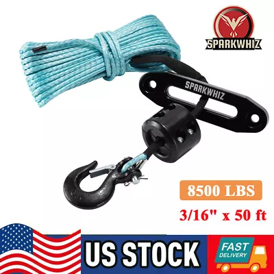 SPARKWHIZ ‎3/16  X 50' Synthetic Winch Rope Cable 8500 Lbs W/Sleeve + Winch Hook • $41.99