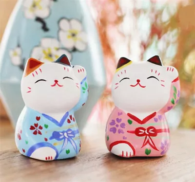 2 Japanese Kimono Plaster Maneki Neko Lucky Cat Figurines Fortune Home Car Decor • £16.79