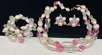 Vogue Signed Set Rare Vintage Silvertone Pink Glass R/S 3 Pc Parure A48 • $198