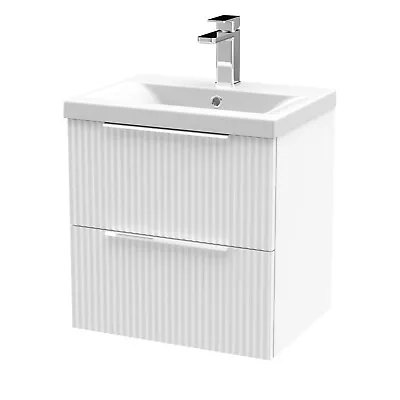 Hudson Reed 500 Wall Hung Satin White Fluted Basin Vanity Unit 2-Drawer Bathroom • £319.95