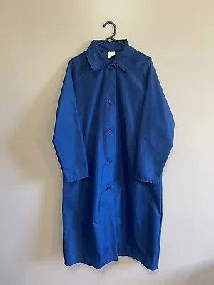 Vintage Long Blue Nylon Button Raincoat Unisex Size 12 To Fit 85cm • $36