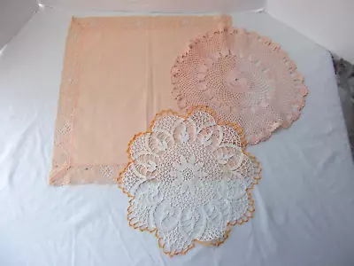 Vtg Lot 3 Large Crochet Doily Coral Apricot Orange 13in 14in 17in Linen Cotton • $24.99