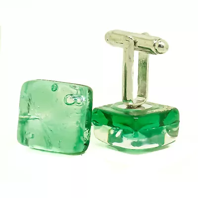 Murano Glass Cufflinks Aqua Green Silver Millefiori Venice Square Wedding • £15.95