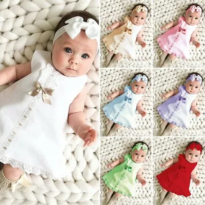 Summer Newborn Baby Girl Sleeveless Casual Maxi Bow Dress+Headband Set Outfit UK • £8.59