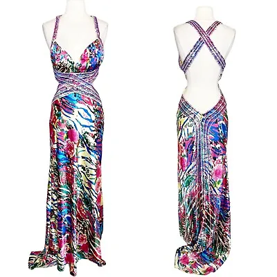 Vintage Y2K Cache Size 8 Satin Formal Dress Cut Out Rainbow Beaded Sequin Train • $187.49