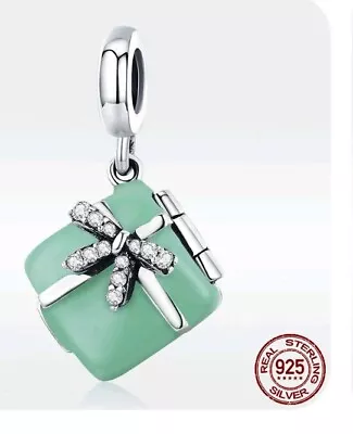 Tiffany Blue Color SSilver Enamel CZ Gift Bow Pendant Charm Locket 4Bracelet • $34.99