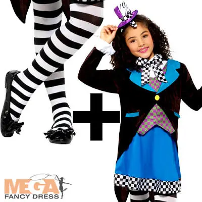 Miss Mad Hatter + Tights Girls Fancy Dress World Book Day Childs Kids Costume • £14.99