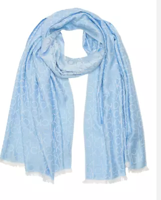 Calvin Klein Monogram Ck Logo Pashmina Wrap Scarf Icy Blue Wide Long NWT FU68 • $15.99