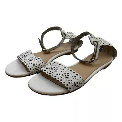 J Crew Leather Eyelet Ankle Strap Sandal Flats White 7.5 • $19