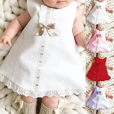 Newborn Infant Baby Girl Solid Lace Short Sleeve Dress Bow Headband Set Clothes • £7.49