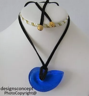BACCARAT Crystal Lapis Blue Sea Shell Pendant Nautilus Necklace  Black Silk Cord • £79.62