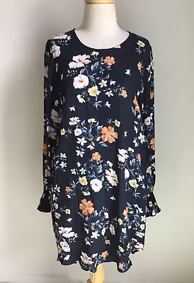 Decjuba Ladies Navy Blue & Multi Colour Long Sleeve Floral Slip Dress Size 8 • $29