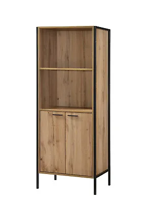 Bookcase Storage Dispay Unit Tall One Shelf Doors Oak Finish Black Metal Frame • £199.99