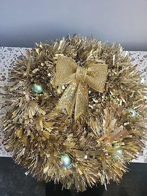 Gold Christmas Wreath With Gold Bow And Hanger Handmade • £4.99