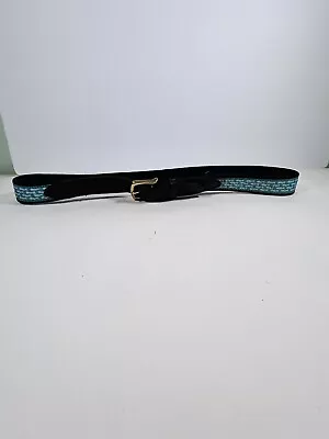 Vineyard Vines Belt Mens 38 Blue Fishbone Print Brown Leather Brass Buckle Fish • $20