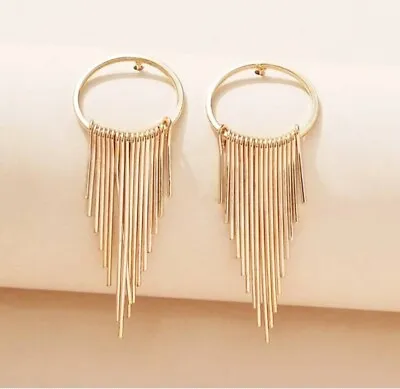 Womens Girls Silver Gold Metal Long Tassel Hoop Decor Dangle Drop Earrings Party • £4.39