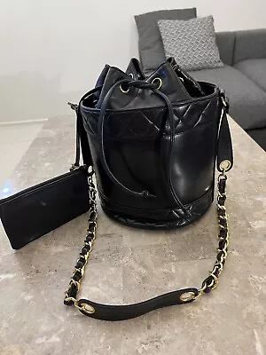 $2150 • Buy Vintage Chanel Black Matelasse  Leather Bucket Drawstring Bag Gold Tone
