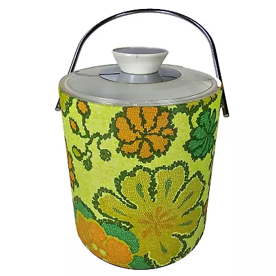 Vintage Insulated Ice Bucket W/ Lid 70's Flower Wallpaper Yellow Orange Textured • $34.99