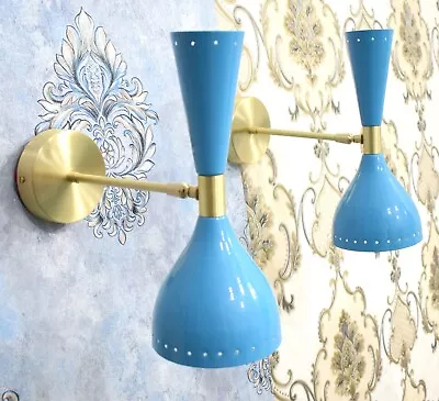 Mid Century Pair Of Brass Wall Lamp Handmade Vintage Skyblue &Polished Wall Lamp • $136
