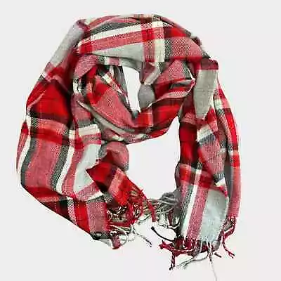 J. Crew Factory Womens Scarf Plaid Red Gray Fringe 24  X 76  • $16.20