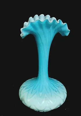 Mt. Washington Herringbone Blue Vase W Beautiful Ruffled Edge Cased Satin Glass  • $95