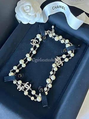 CHANEL 18V CC Single Strand Faux Pearls Long Necklace With Crystal CC • £1162