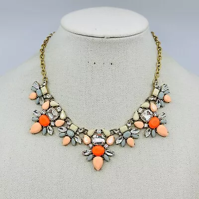 J. Crew Statement Necklace Coral Pink Gray Crystal Gold Tone Elegant Jewelry • $29.95