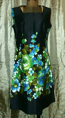 EUC Vintage Sz 40  Bust M Black Home Made Sleeveless DRESS Big Aqua Floral • $25