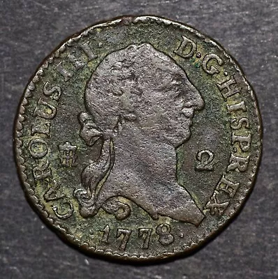 1778 Spain 2 Maravedis Carlos III Copper 21mm Coin FREE SHIPPING • $7.50