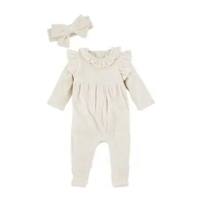 Mud Pie Cream Ribbed Velour Footed Sleeper & Bow Headband Set  0-3M 3-6M 6-9M • $28