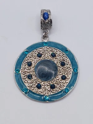 £1.99 • Buy Silver Tone Turquoise Enamel & Rhinestone Pendant Blue Cats Eye Bail. 