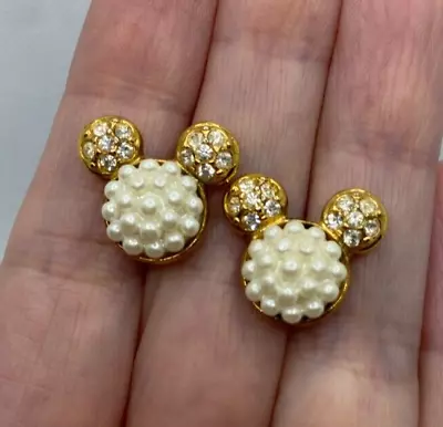 Mickey Mouse Pavè CZ & Faux Pearl Stud Earrings Gold Plated Signed Disney • $22.50
