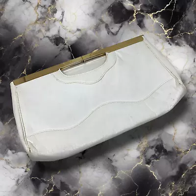 Vintage 1960's White Leather Gold Hinge Envelope Clutch Purse Bag • $18.89