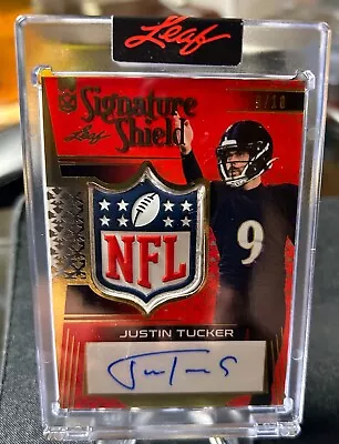 JUSTIN TUCKER * 2023 Leaf Signature Shields Logo Auto Autograph 9/10 Ravens • $699.99