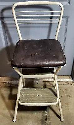 Vintage COSCO Kitchen Step Chair Stool W/ Flip Up Padded Brown Seat White Frame • $59.95