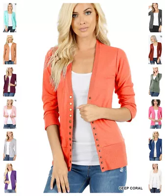 Women's Soft Snap Button Front V-Neck 3/4 Sleeve Knit Cardigan Sweater S-3XL • $15.50