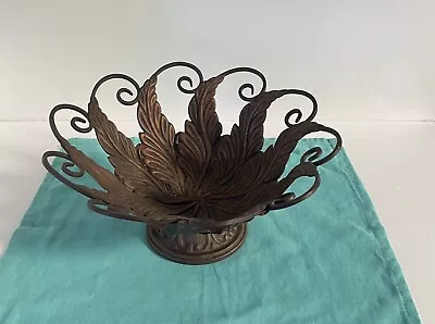 Vintage Decorative Metal Pedestal Bowl Cast Wrought Iron Round Ornate Leaf 12  • $14