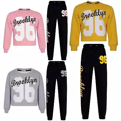 Kids Girls Sweat Suit Tracksuit Crop Top Trouser 2 Piece Lounge Suit • £14.99