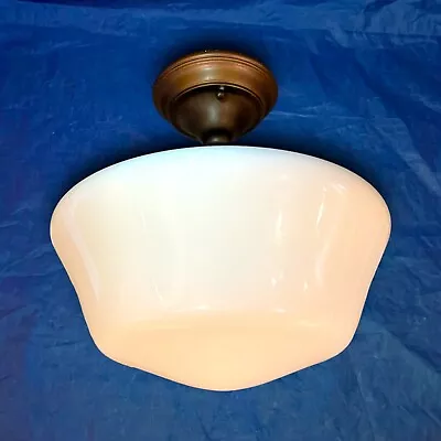 Antique Brass Color Flush Mount Fixture With Milk White School House Globe 67B • $560