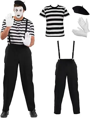 Mens Mime Artist Costume +Braces M L XL Adult French Circus Carnival Fancy Dress • £26.99