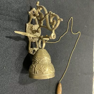 VTG Wall Mount Cast Brass Hanging Bell Ornate W/chain Pull • $34.99