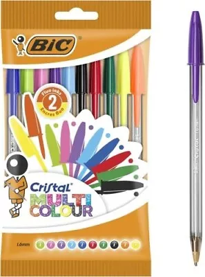 BiC Cristal Ball Pen Fun Classic 10 Multicolour Pens 1.6mm Point School Office • £4.30