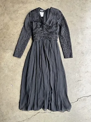 Vintage Chanel Long Sleeve V Neck Matelasse Dress Sz 40 Black • $750