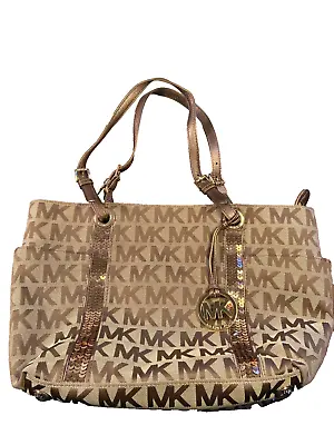 Michael Kors Jet Set E /W Brown Monogram Limited Edition Gold Sequin Logo Tote • $35