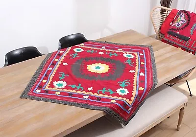 Suzani Uzbek Embroidered Table Cover 3.41' X 3.87' VINTAGE FAST Shipment 15345 • $119