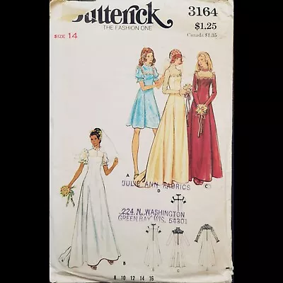 Vtg Butterick Fit & Flare Princess Seam Bridal Dress Pattern #3164 Size 14 CUT • $9.99